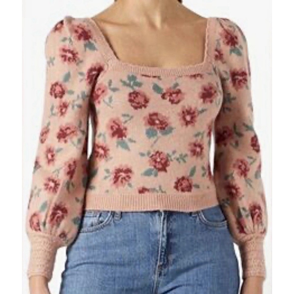 Willow & Wind Pink Floral Square Neck Puff Sleeve Sweater M Cottagecore Whimsy